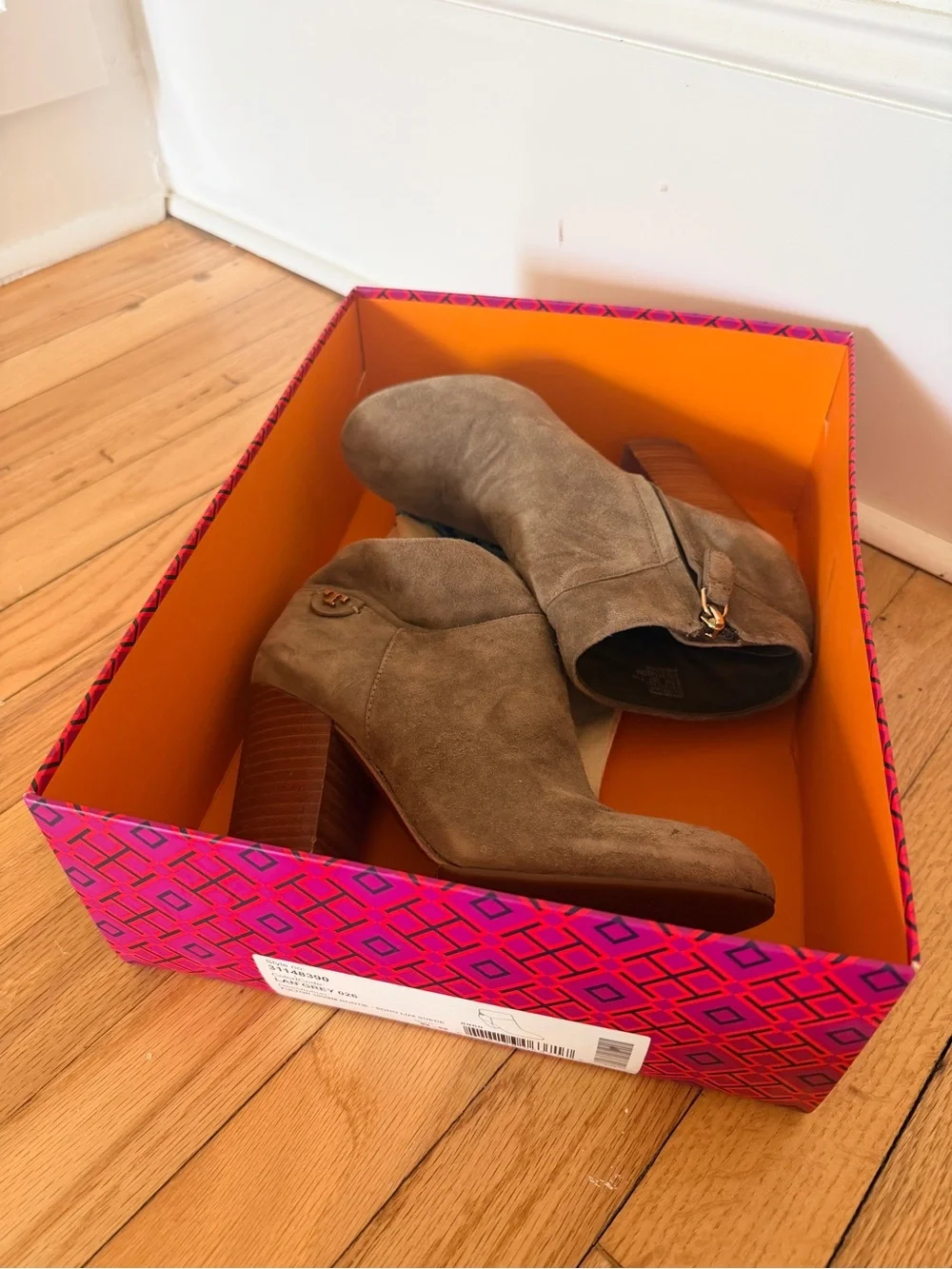 Tory Burch Taupe Suede Stacked Heel Ankle Booties